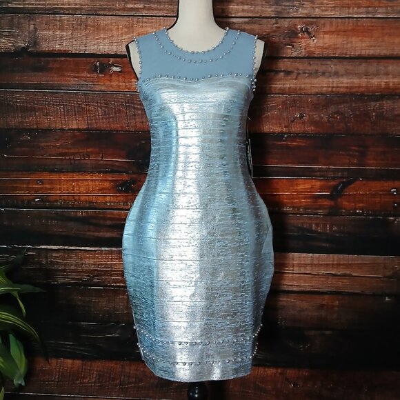 NWT Venus Bodycon Dress Size M Silver Blue Pearl Studded Stretch - Picture 2 of 12